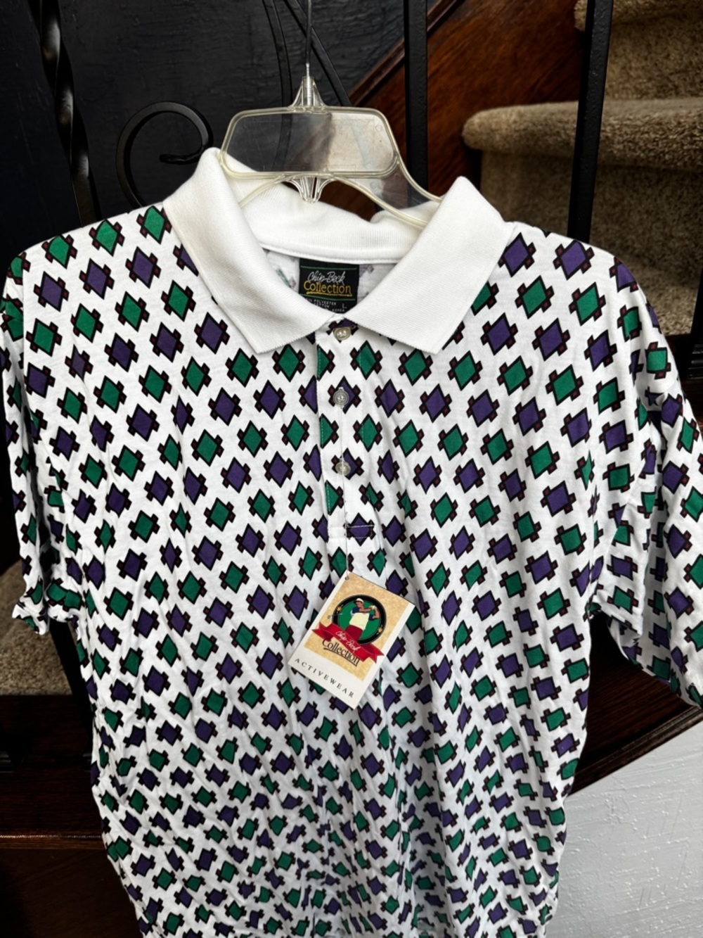 New Vintage Chip Beck Collection Large Men’s White Polo Green Purple Geo shirt